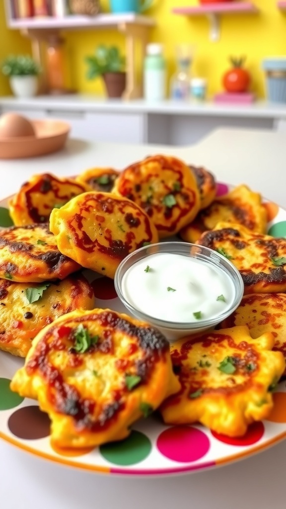 A plate of healthy vegetable fritters for babies, served with yogurt for dipping.